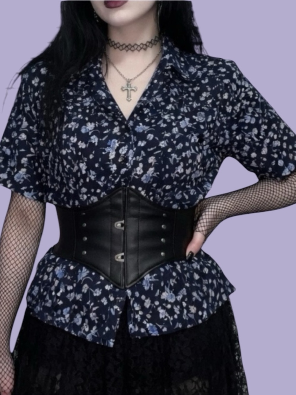 1990s Vintage Floral Black and Pale Blue Whimsy Button Up Top